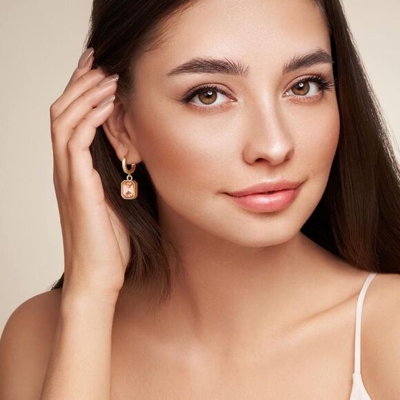 18K Yellow Gold with Champagne Topaz Crystal Dangling Octagon Huggie Earrings - Picture 6 of 7